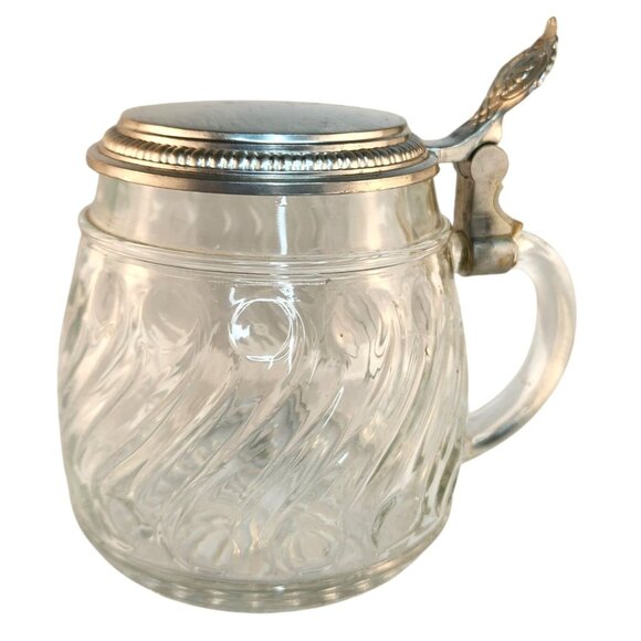 Original BMF W. Germany Glass Stein Pewter Lid Vintage Etched Glass Tankard Swir - Picture 1 of 11